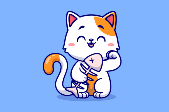 Download Cute Cat Holding Fishbone Cartoon - Art Collection