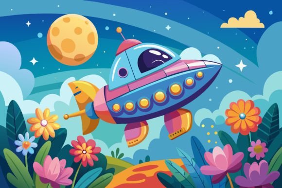 Download Spaceship Sky Cartoon with Flowers on a - Spaceship Collection