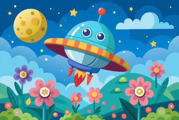 Download Spaceship Sky Cartoon with Flowers on a - Spaceship Collection
